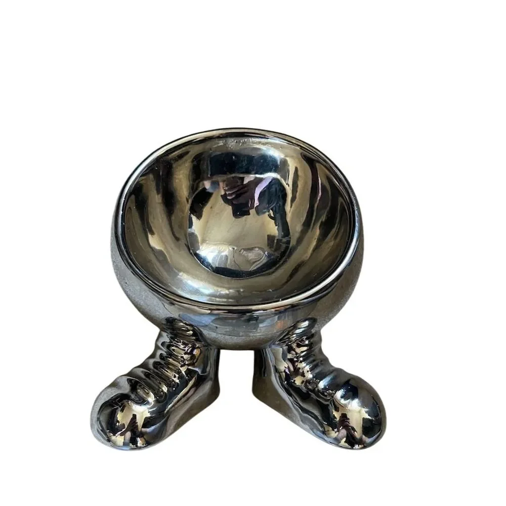 Quirky Footed Ceramic Key Holder Bowl Silver Round Contemporary Design